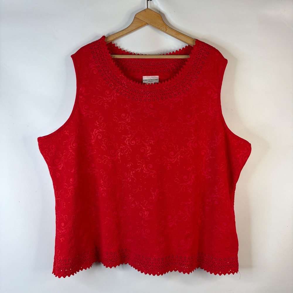 Rebecca Malone Sleeveless Top Womens 3X Red Eyelet Scalloped Damask Swirl Blouse